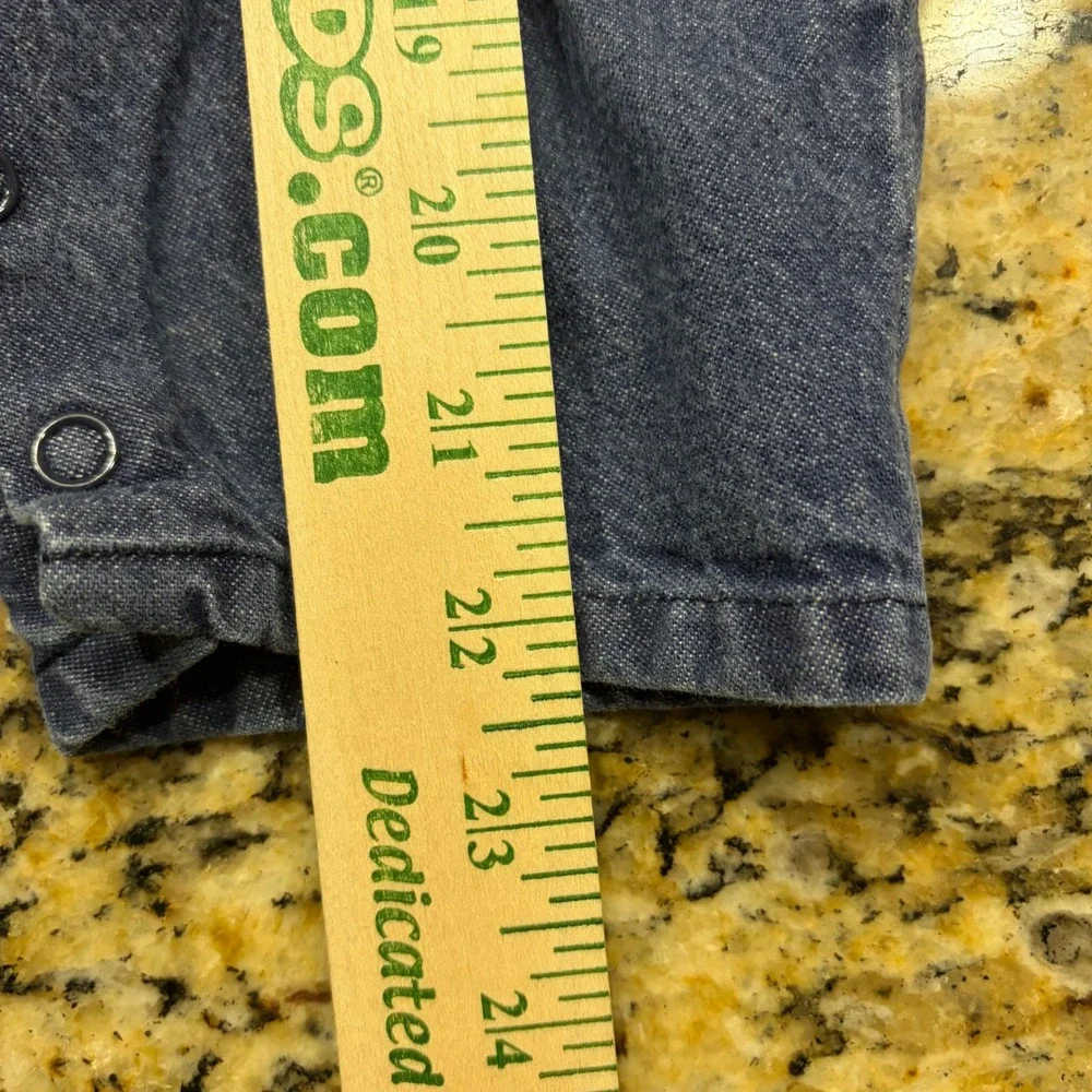 Vintage Sears Girl Denim Romper 18 M Blue Long Sleeve Pink Bows Snap Leg